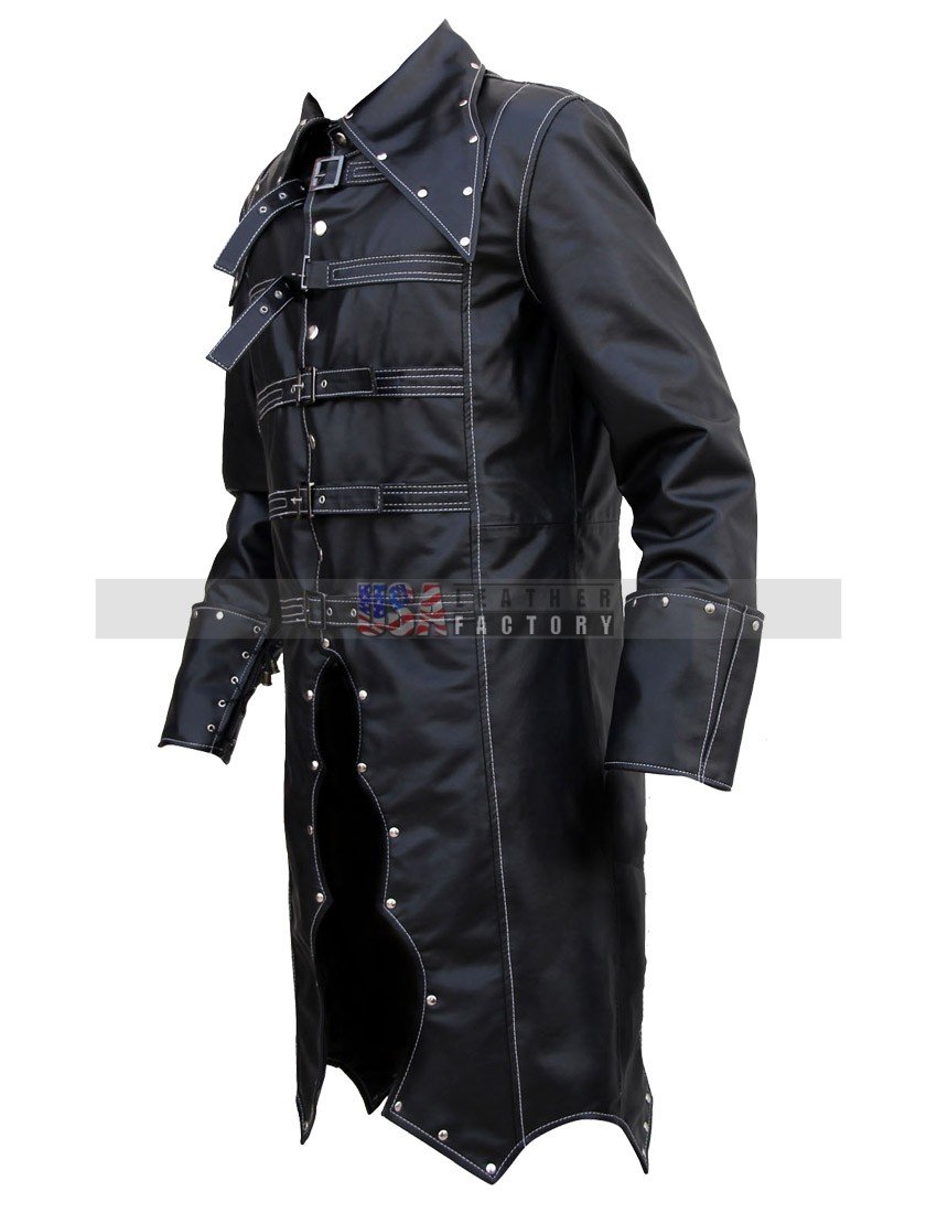 Gothic Pu Leather Men Long Coats Polyester Rivet Casual Jackets Punk Sleeve Trench Coat Outwear