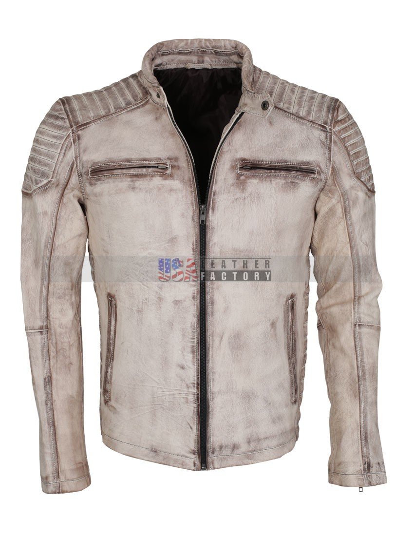 Vintage Italian White Grey Waxed Genuine Leather Mens Jacket