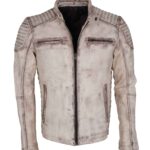 Vintage Italian White Grey Waxed Genuine Leather Mens Jacket