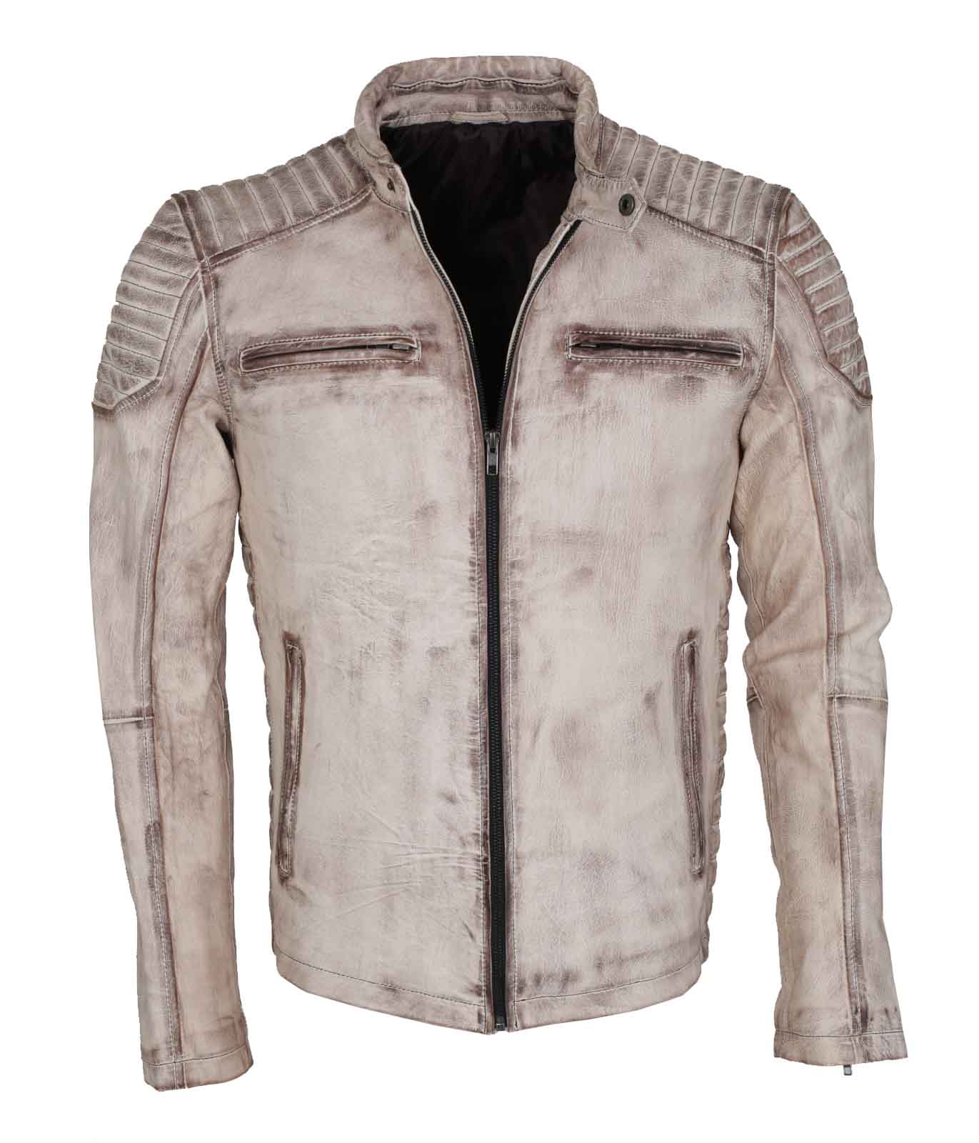Vintage Italian White Grey Waxed Genuine Leather Mens Jacket