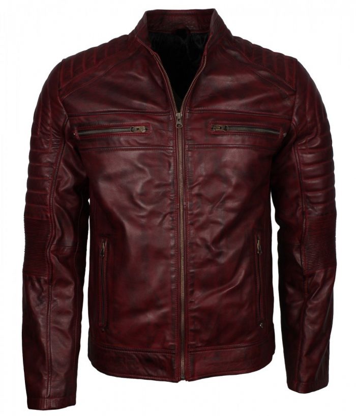 Maroon Waxed Biker Leather Jacket for Men - USA Leather Factory