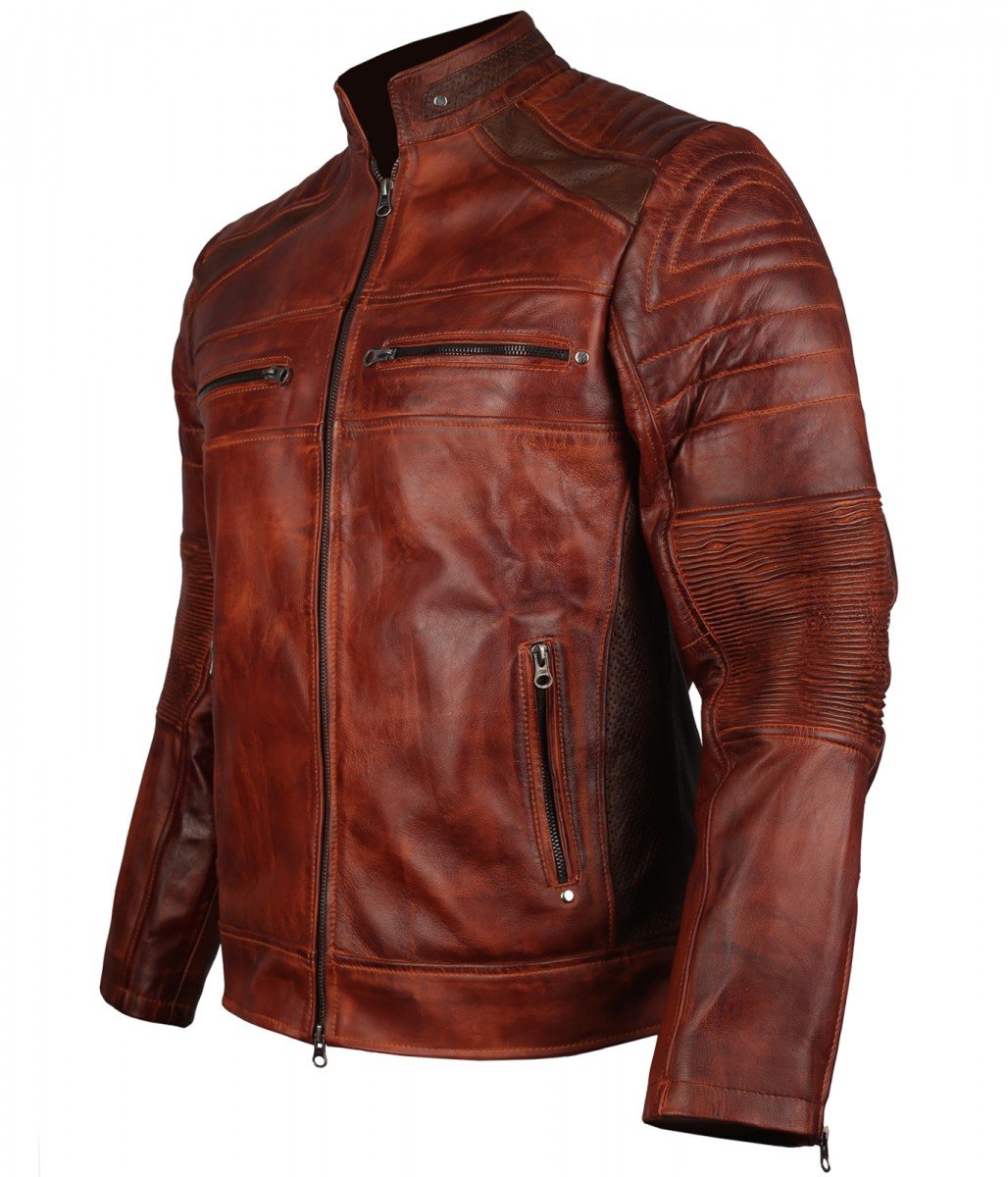 Topnotch Men's Café Racer Biker Jacket – Distressed Brown Genuine Leather, Quilted & Zippered, Regular Fit S-2XL