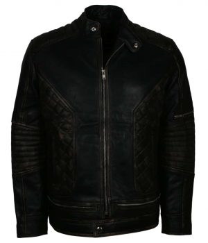 Men's Skull Embossed Quilted Black Distressed Motorcycle Leather Jacket - Image 3