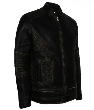 Men's Skull Embossed Quilted Black Distressed Motorcycle Leather Jacket - Image 4