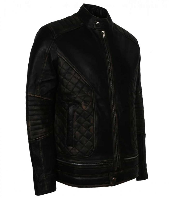 Quilted Distressed leather Jacket | Men Skull Embossed Motorcycle Jacket