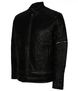 Men's Skull Embossed Quilted Black Distressed Motorcycle Leather Jacket - Image 5