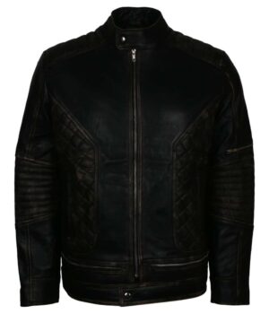 Men's Skull Embossed Quilted Black Distressed Motorcycle Leather Jacket