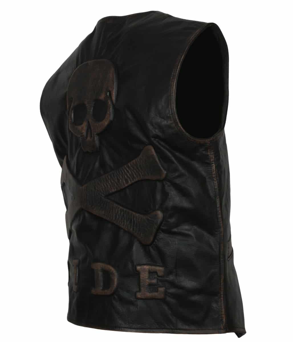 Skull Embossed Biker Vest Skull Embossed Black Leather Vest For Men