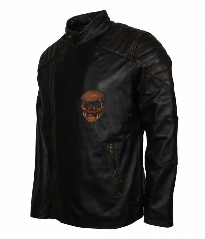 Quilted Skull Embossed Black Leather Jacket for Men - USA Leather Factory