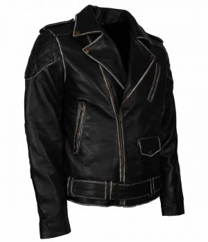 Black Distressed Leather Biker Jacket - Image 3