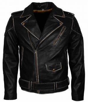 Black Mens Distressed Biker Leather Jacket