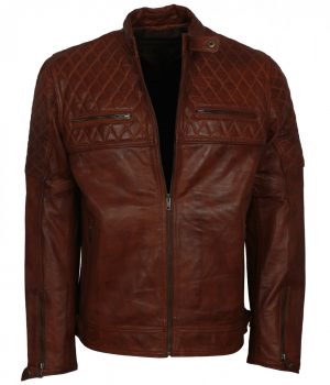 Diamond Quilted Brown Leather Jacket - Image 2