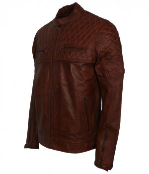 Diamond Quilted Brown Leather Jacket - Image 4