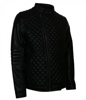 Diamond Quilted Black Real Leather Jacket - Image 3