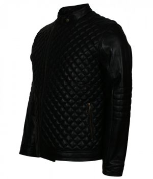 Diamond Quilted Black Real Leather Jacket - Image 4