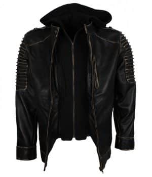 Scare Crow Mens Distressed Hooded Leather Jacket