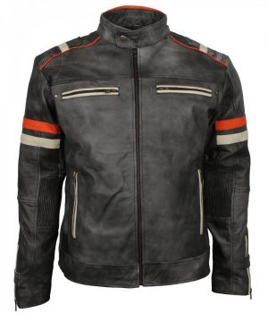 Vintage Retro Men Grey Tough Motorcycle Leather Jacket