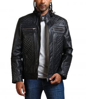 Classic Men Black Quilted Motorcycle Leather Jacket - Image 2
