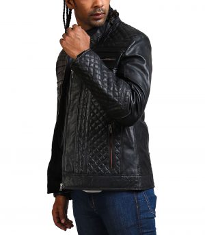 Classic Men Black Quilted Motorcycle Leather Jacket - Image 4