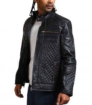 Classic Men Black Quilted Motorcycle Leather Jacket - Image 5