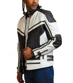 Men White and Black Quilted Leather Jacket - Image 3