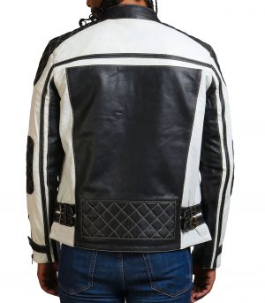 Men White and Black Quilted Leather Jacket - Image 4