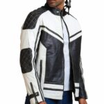 Men White and Black Quilted Leather Jacket - Image 2