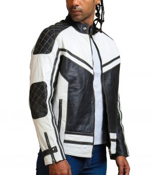 Men White and Black Quilted Leather Jacket - Image 2