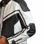 Men White and Black Quilted Leather Jacket - Image 5