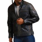 Moto Black Distressed Fashion Quilted Biker Leather Jacket - Image 3