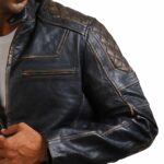 Moto Black Distressed Fashion Quilted Biker Leather Jacket - Image 5