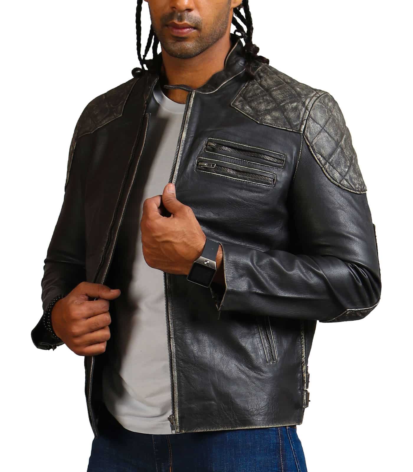 Skull Distressed Black Motorcycle Leather Jacket USA Leather Factory