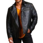 Men Cowhide Black Skull Motorcycle Leather Jacket - Image 3