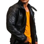 Men Cowhide Black Skull Motorcycle Leather Jacket - Image 5