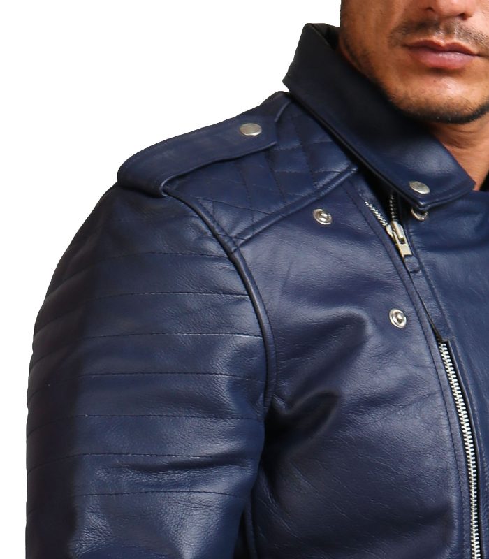 Navy Brando Biker Blue Leather Jacket for Men's | USA