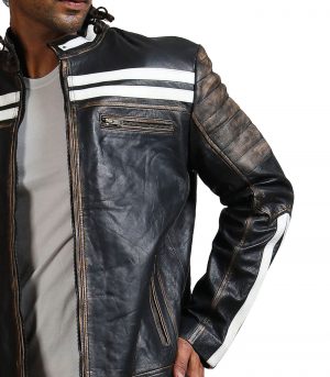 Designer Men Distressed Black Leather Jacket - Image 5