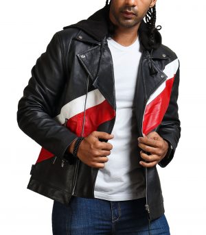 Hooded Mens Black Genuine Leather Jacket