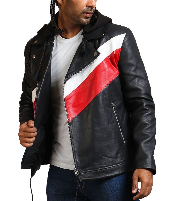 Hooded Mens Black Genuine Leather Jacket
