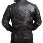 Men Cowhide Black Skull Motorcycle Leather Jacket