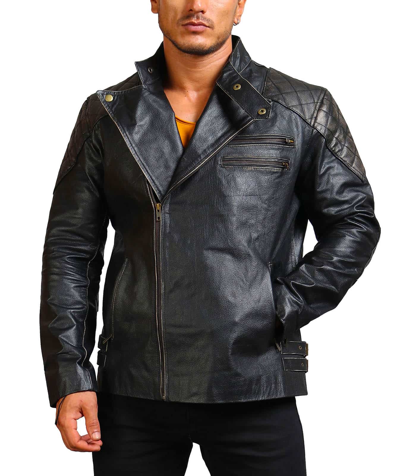 Men Cowhide Black Skull Motorcycle Leather Jacket USA Leather Factory