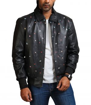 Men Icecream Printed Real Leather Jacket