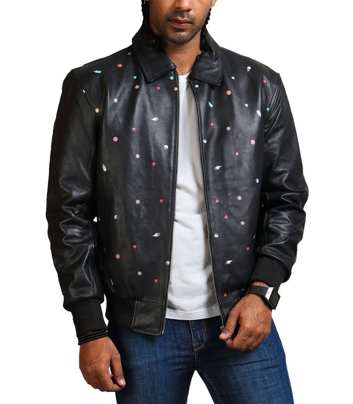 Men Icecream Printed Real Leather Jacket
