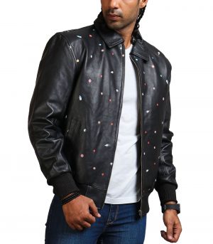 Men Icecream Printed Real Leather Jacket