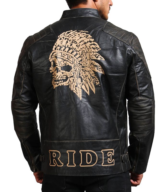 Men Indian Skull Black Leather Jacket