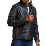 Moto Black Distressed Fashion Quilted Biker Leather JacketMoto Black Distressed Fashion Quilted Biker Leather Jacket