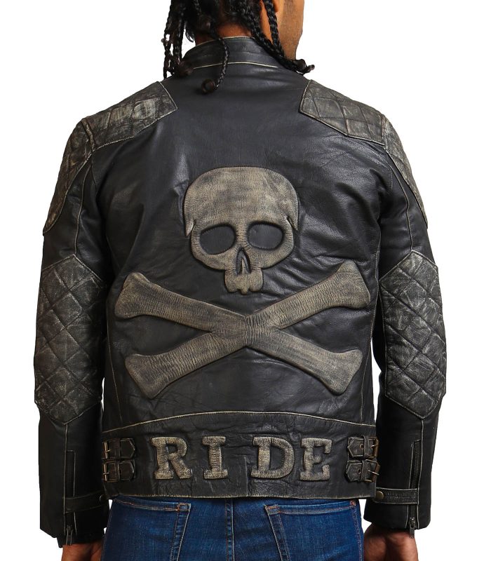 New Skull Men Distressed Black Motorcycle Leather Jacket