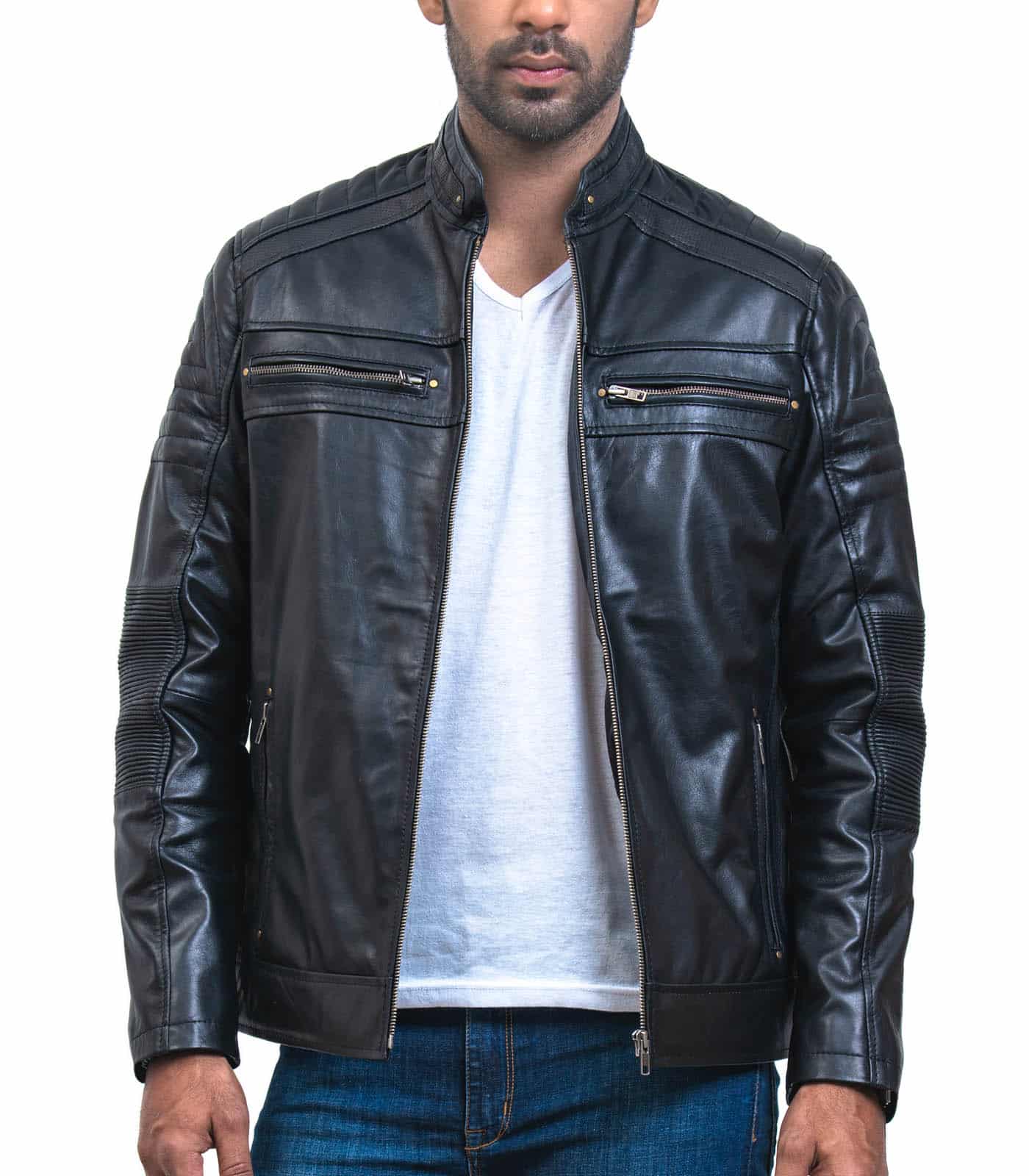 Cafe Racer Men Black Leather Jacket | USA Leather Factory