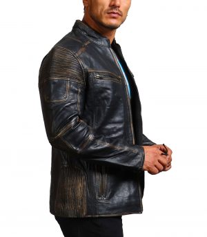 Moto Distressed Black Vintage Cowhide Leather Jacket - Image 3