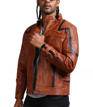 Designer Men Brown Waxed Leather Jacket - Image 3