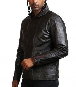 Snake Embossed Men Black Leather Jacket - Image 3